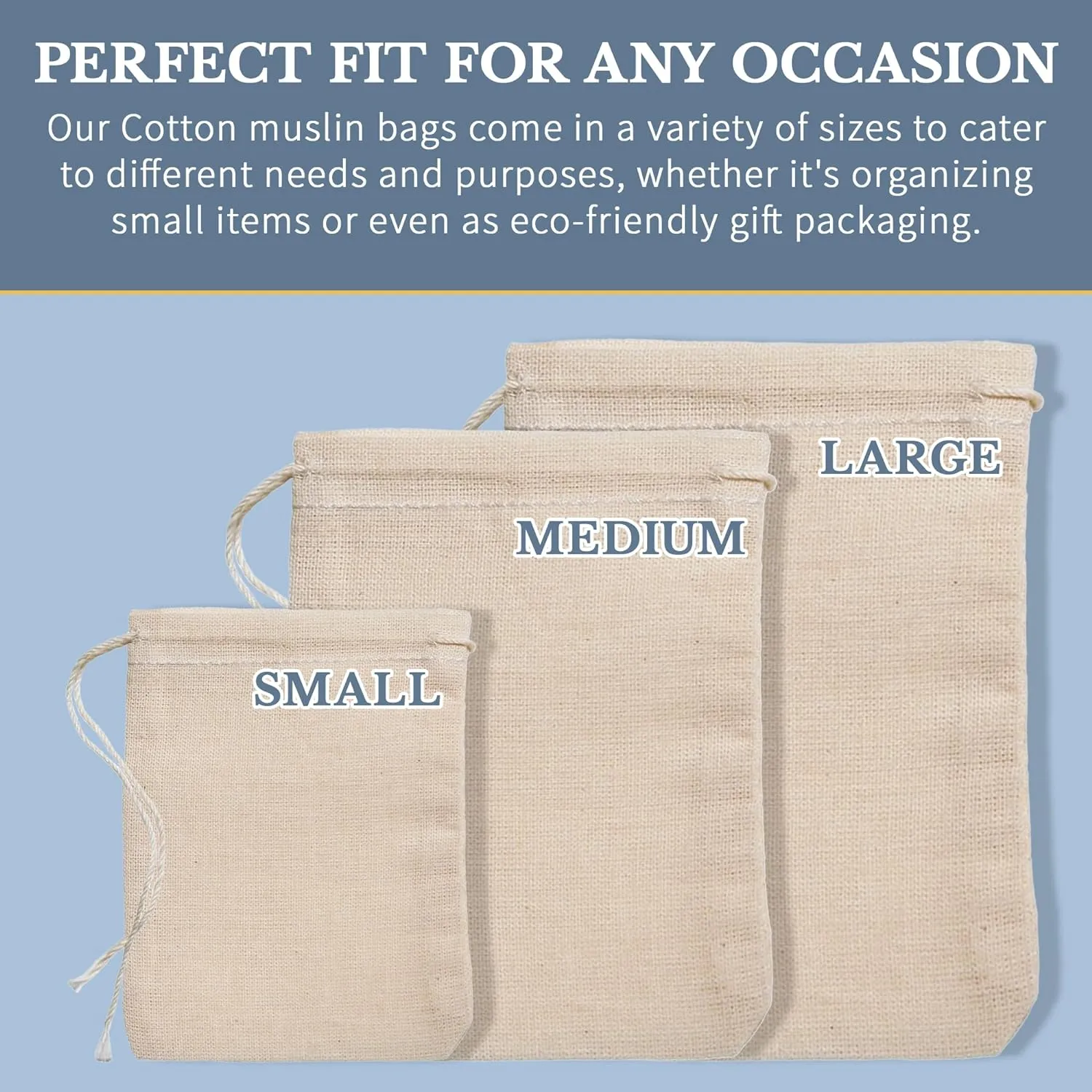 Cotton Muslin Bags 100 Count (2.75 x 3.75 inches) Natural Drawstring, made with 100% cotton in the USA by Celestial Gifts