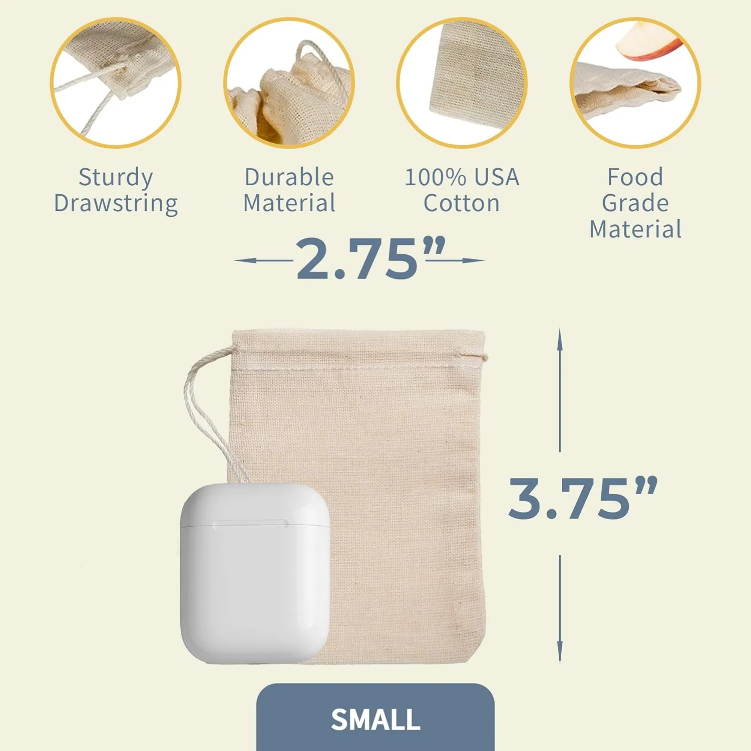 Cotton Muslin Bags 100 Count (2.75 x 3.75 inches) Natural Drawstring, made with 100% cotton in the USA by Celestial Gifts