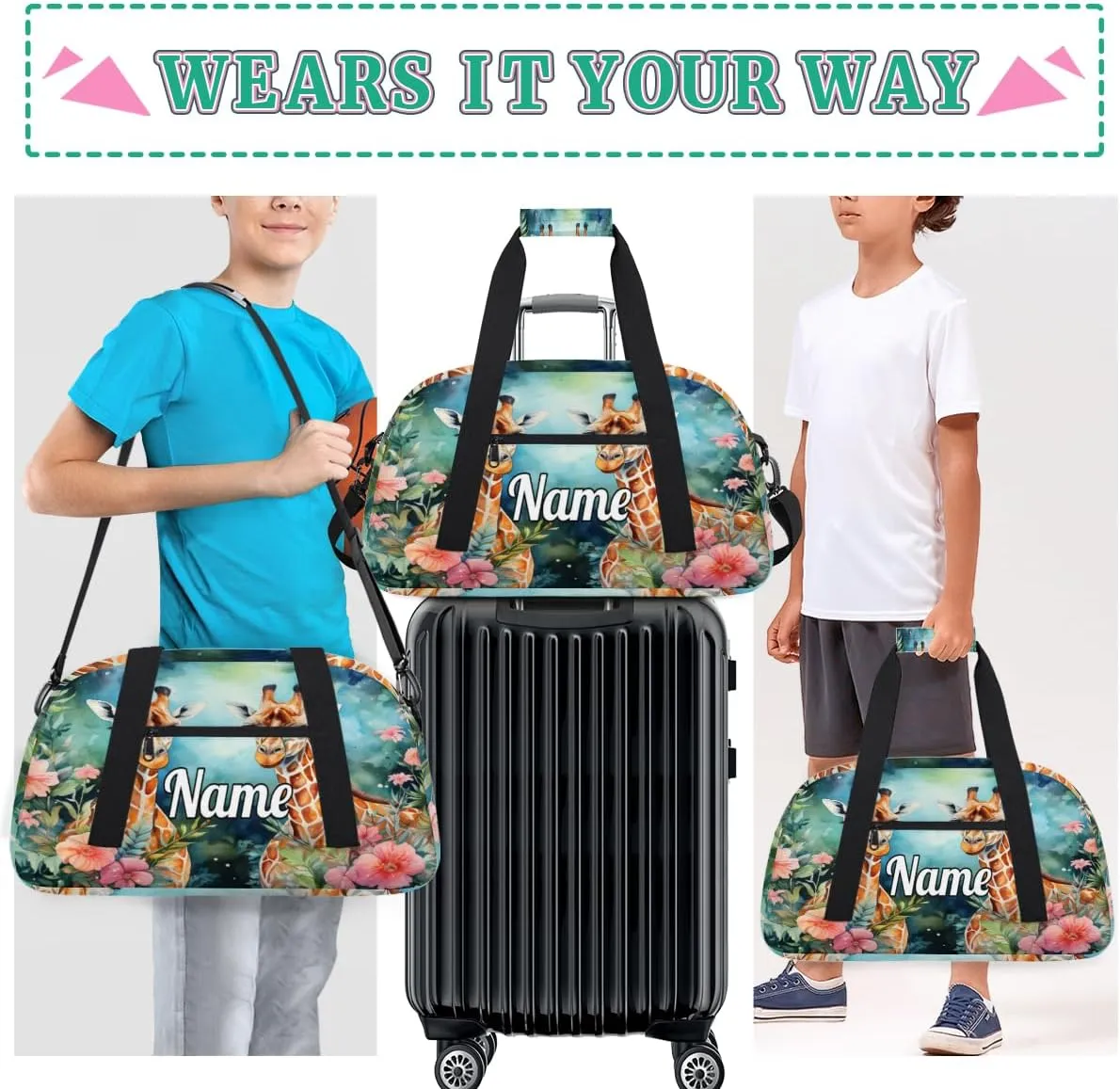 Couple Giraffes Personalized Kids Gym Bag Custom Name Sport Duffel Bag Dance Ballet Bag for Girls Practice Workout Bag