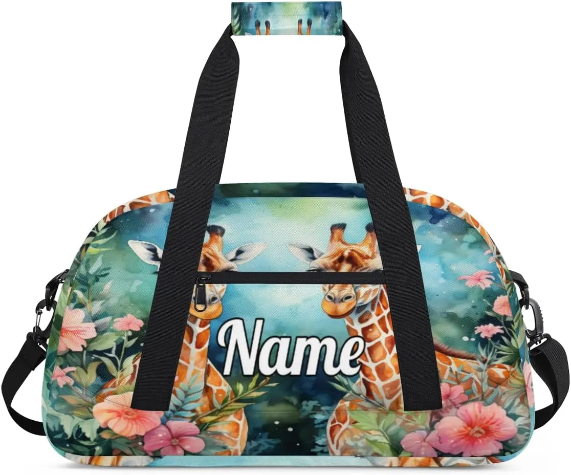 Couple Giraffes Personalized Kids Gym Bag Custom Name Sport Duffel Bag Dance Ballet Bag for Girls Practice Workout Bag