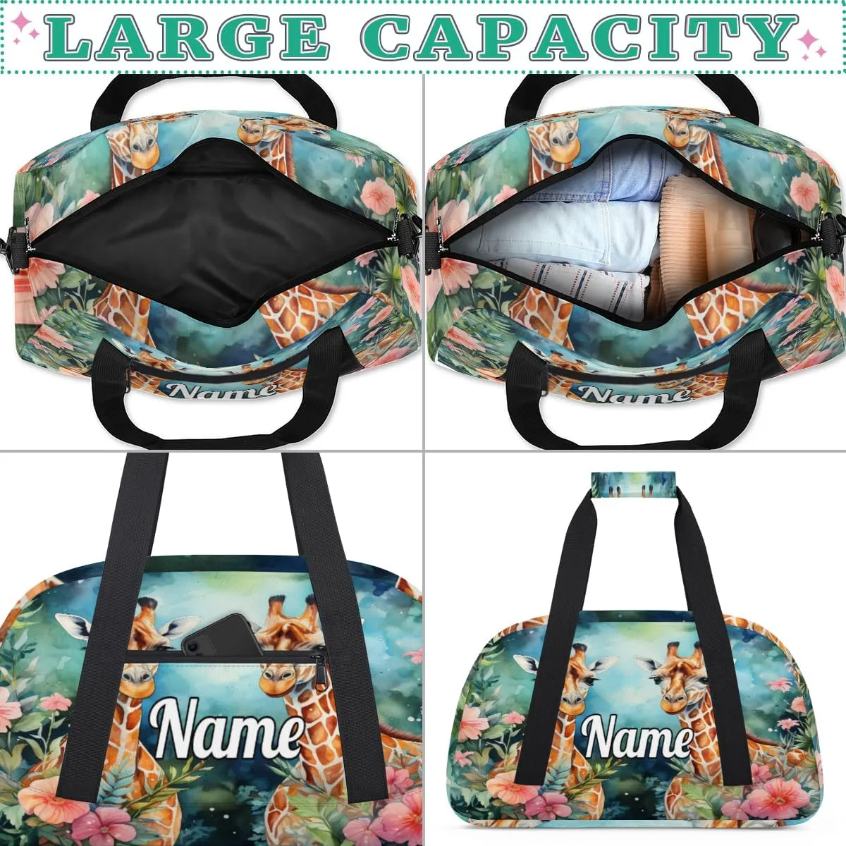 Couple Giraffes Personalized Kids Gym Bag Custom Name Sport Duffel Bag Dance Ballet Bag for Girls Practice Workout Bag