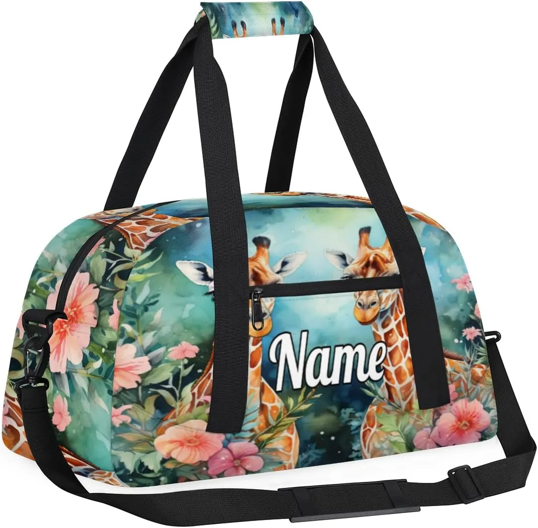 Couple Giraffes Personalized Kids Gym Bag Custom Name Sport Duffel Bag Dance Ballet Bag for Girls Practice Workout Bag
