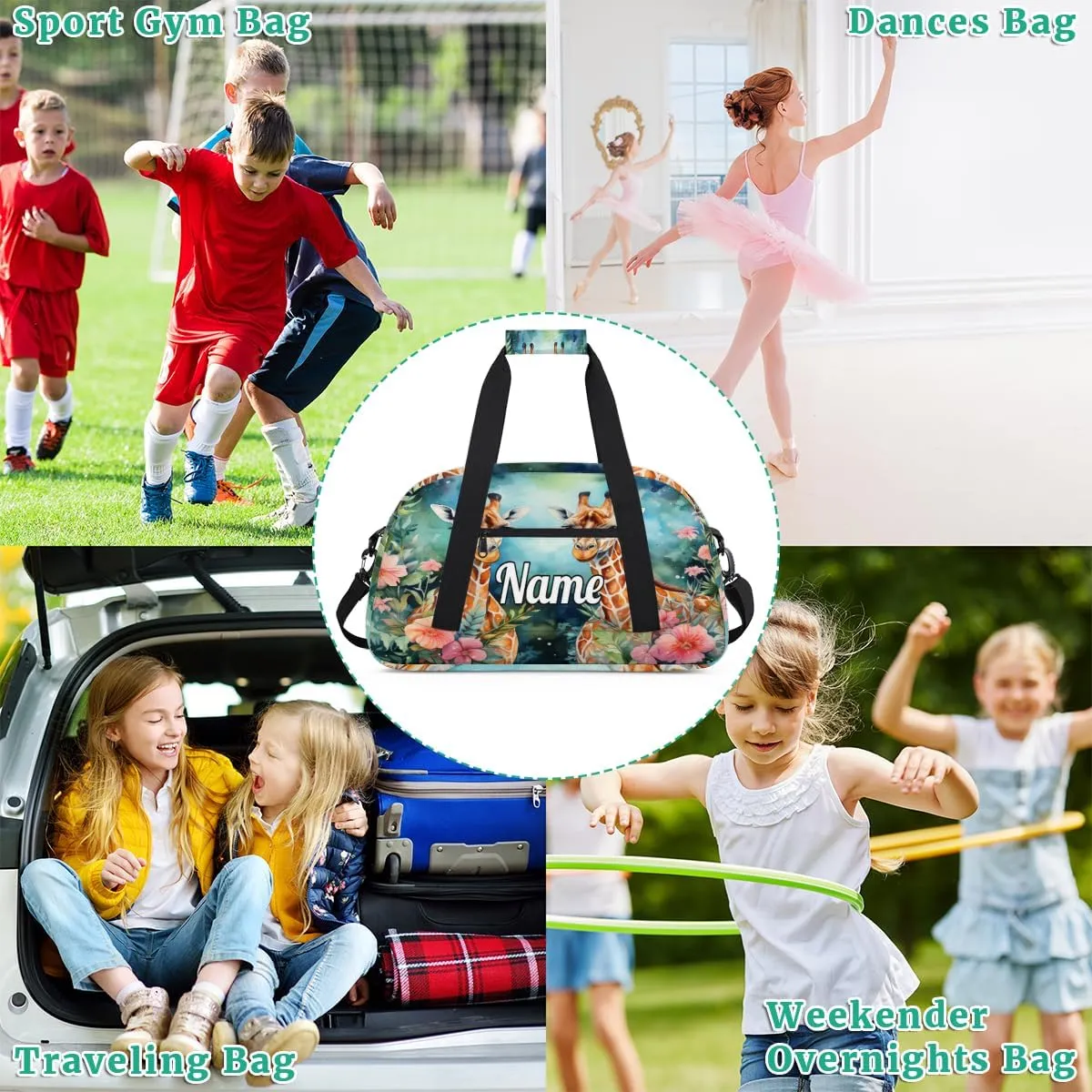 Couple Giraffes Personalized Kids Gym Bag Custom Name Sport Duffel Bag Dance Ballet Bag for Girls Practice Workout Bag