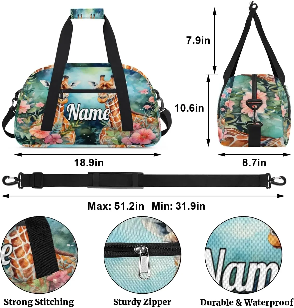 Couple Giraffes Personalized Kids Gym Bag Custom Name Sport Duffel Bag Dance Ballet Bag for Girls Practice Workout Bag