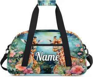 Couple Giraffes Personalized Kids Gym Bag Custom Name Sport Duffel Bag Dance Ballet Bag for Girls Practice Workout Bag