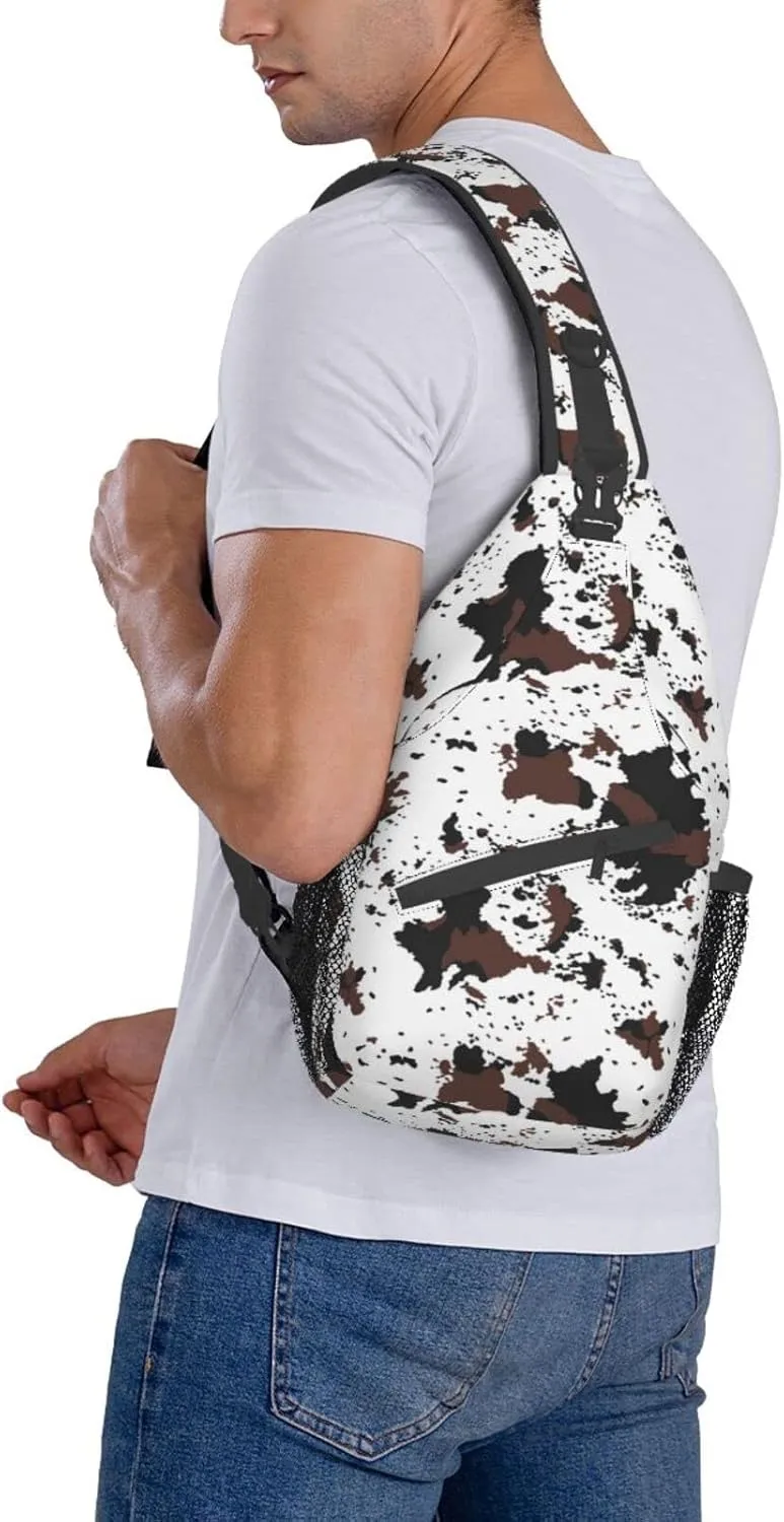 Cow Print Sling Bag Crossbody Backpack,Rustic Spotted Cow Fur Texture Black Brown Cowhide Adjustable Chest Shoulder Bag Western Farmhouse Animal Skin Travel Daypack