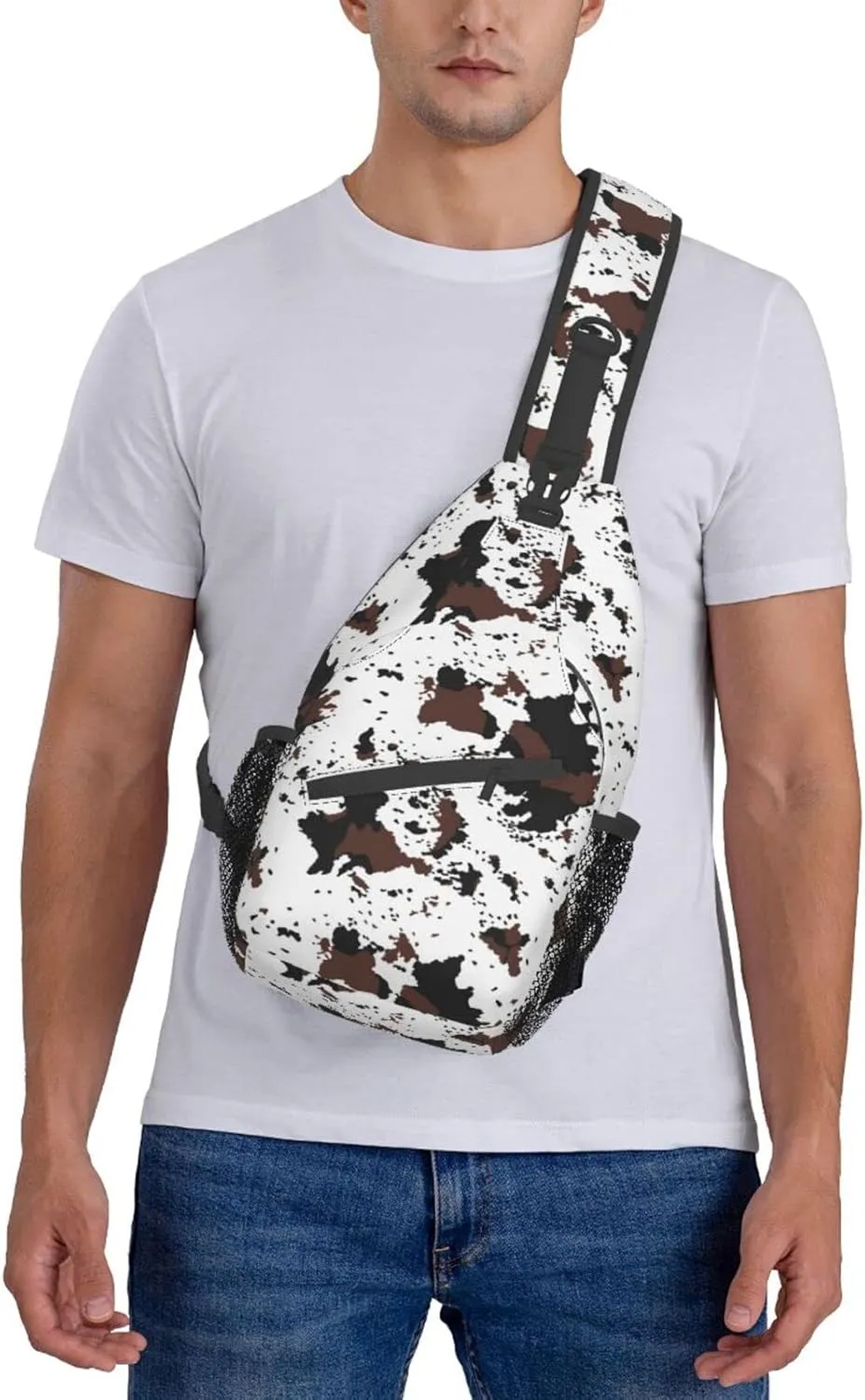 Cow Print Sling Bag Crossbody Backpack,Rustic Spotted Cow Fur Texture Black Brown Cowhide Adjustable Chest Shoulder Bag Western Farmhouse Animal Skin Travel Daypack