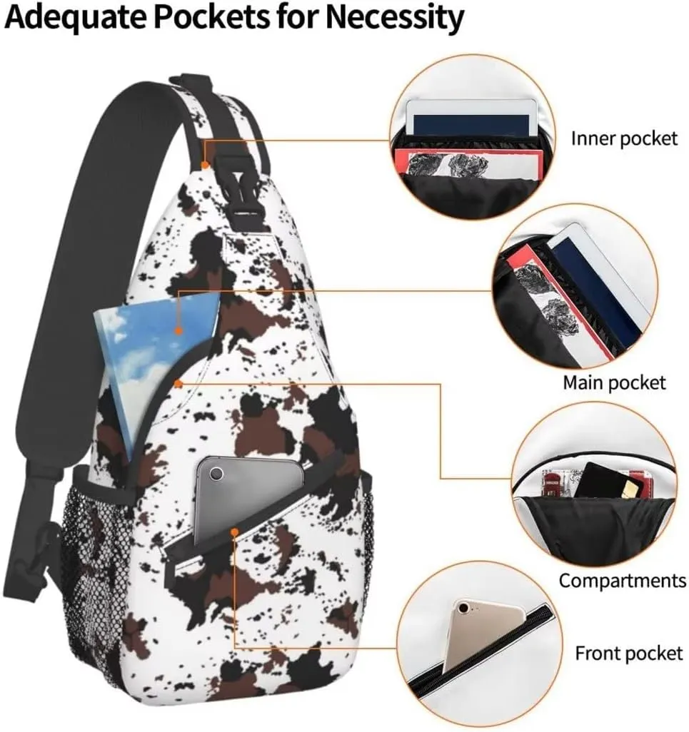 Cow Print Sling Bag Crossbody Backpack,Rustic Spotted Cow Fur Texture Black Brown Cowhide Adjustable Chest Shoulder Bag Western Farmhouse Animal Skin Travel Daypack