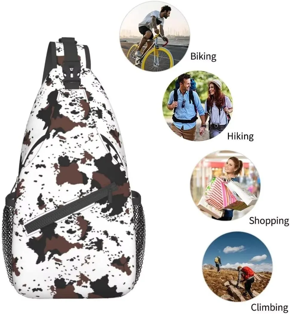 Cow Print Sling Bag Crossbody Backpack,Rustic Spotted Cow Fur Texture Black Brown Cowhide Adjustable Chest Shoulder Bag Western Farmhouse Animal Skin Travel Daypack
