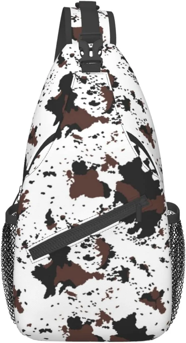 Cow Print Sling Bag Crossbody Backpack,Rustic Spotted Cow Fur Texture Black Brown Cowhide Adjustable Chest Shoulder Bag Western Farmhouse Animal Skin Travel Daypack