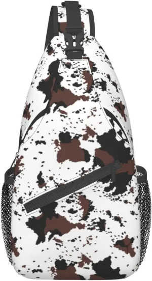 Cow Print Sling Bag Crossbody Backpack,Rustic Spotted Cow Fur Texture Black Brown Cowhide Adjustable Chest Shoulder Bag Western Farmhouse Animal Skin Travel Daypack