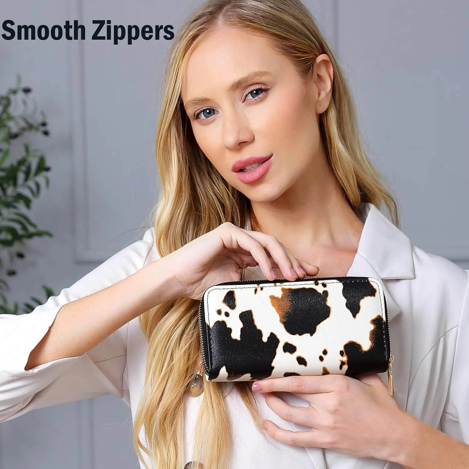 Cow Print Wallet for Women,Western Highland Cowhide Purse Zip Around Walles Cow Stuff Gifts for Ladies Brown
