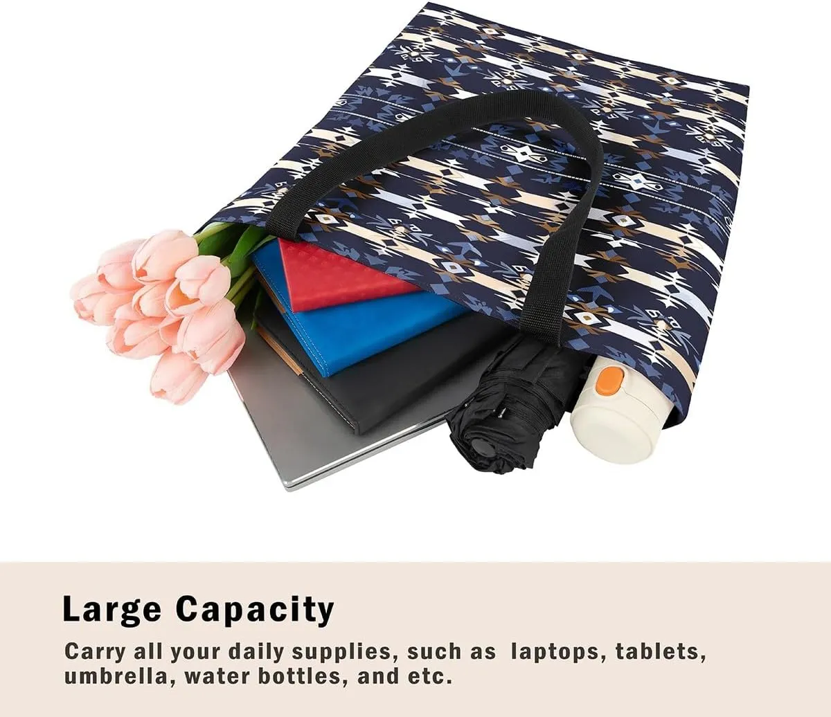 Cowhide Canvas Tote Bag for Women,Geometric Aztec Large Capacity Gym Bag,Southwestern Reusable Cloth Cotton Bags