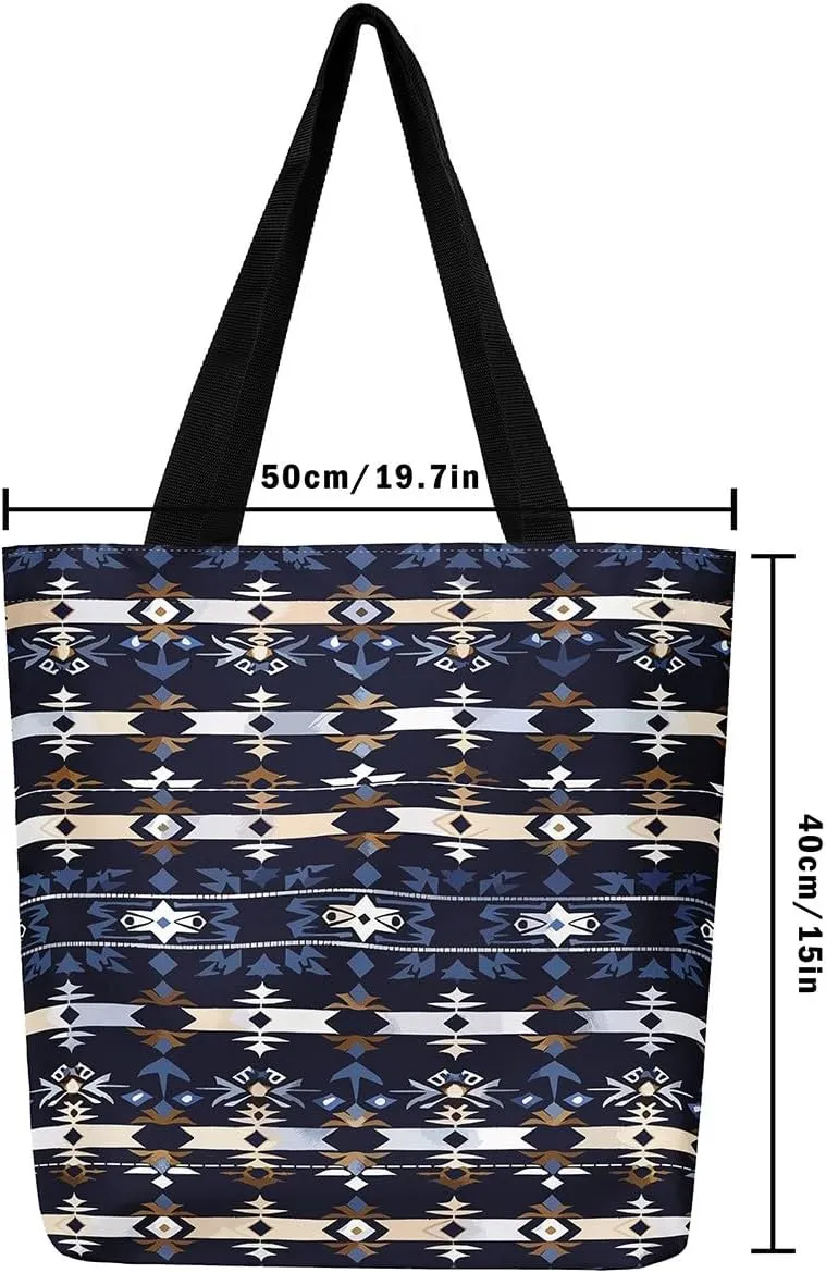 Cowhide Canvas Tote Bag for Women,Geometric Aztec Large Capacity Gym Bag,Southwestern Reusable Cloth Cotton Bags