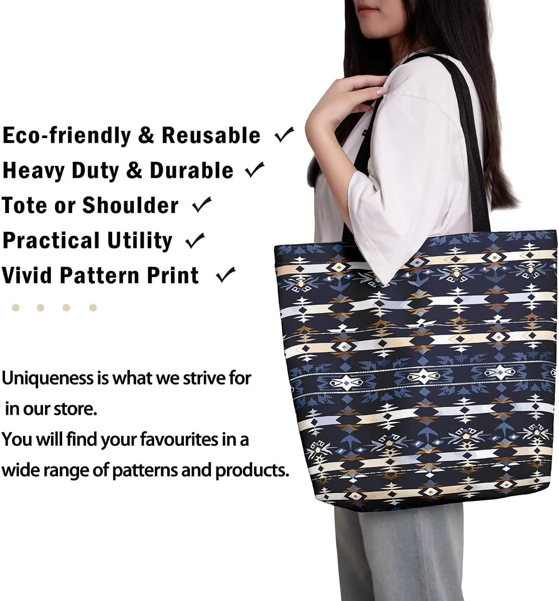 Cowhide Canvas Tote Bag for Women,Geometric Aztec Large Capacity Gym Bag,Southwestern Reusable Cloth Cotton Bags
