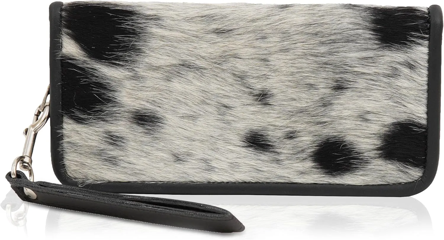 Cowhide Wallet for Women, Cow Skin Zipper Leather Clutch, Western Wristlet Hand Purse, Mothers Day Gift, Fur Wallets for Her