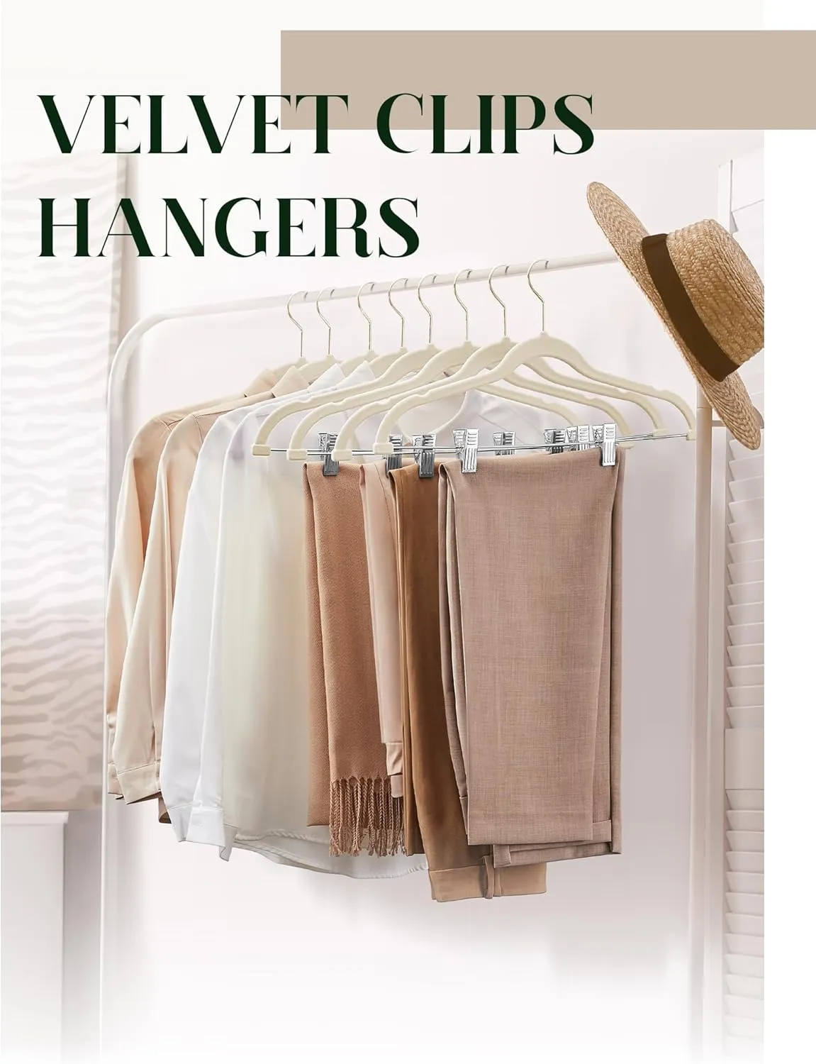 Cozymood Velvet Skirt Hangers 36 Packs Ultra Thin Hangers with Clips Non Slip Velvet Pant Hanger Space Saving Clothes Hanger with Clips for Pants, Skirts, Jeans, Shorts (Beige)