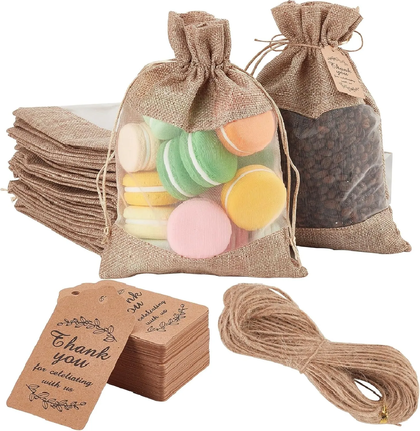 CRASPIRE 25Pcs 9×6Inch Burlap Packing Pouches Drawstring Bag Linen Sacks Bag with Drawstring Organza Visual Window Brown for Gifts Candy Small Items Art DIY Craft Coffee Present Wedding Favors