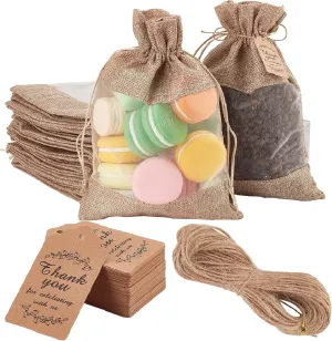 CRASPIRE 25Pcs 9×6Inch Burlap Packing Pouches Drawstring Bag Linen Sacks Bag with Drawstring Organza Visual Window Brown for Gifts Candy Small Items Art DIY Craft Coffee Present Wedding Favors
