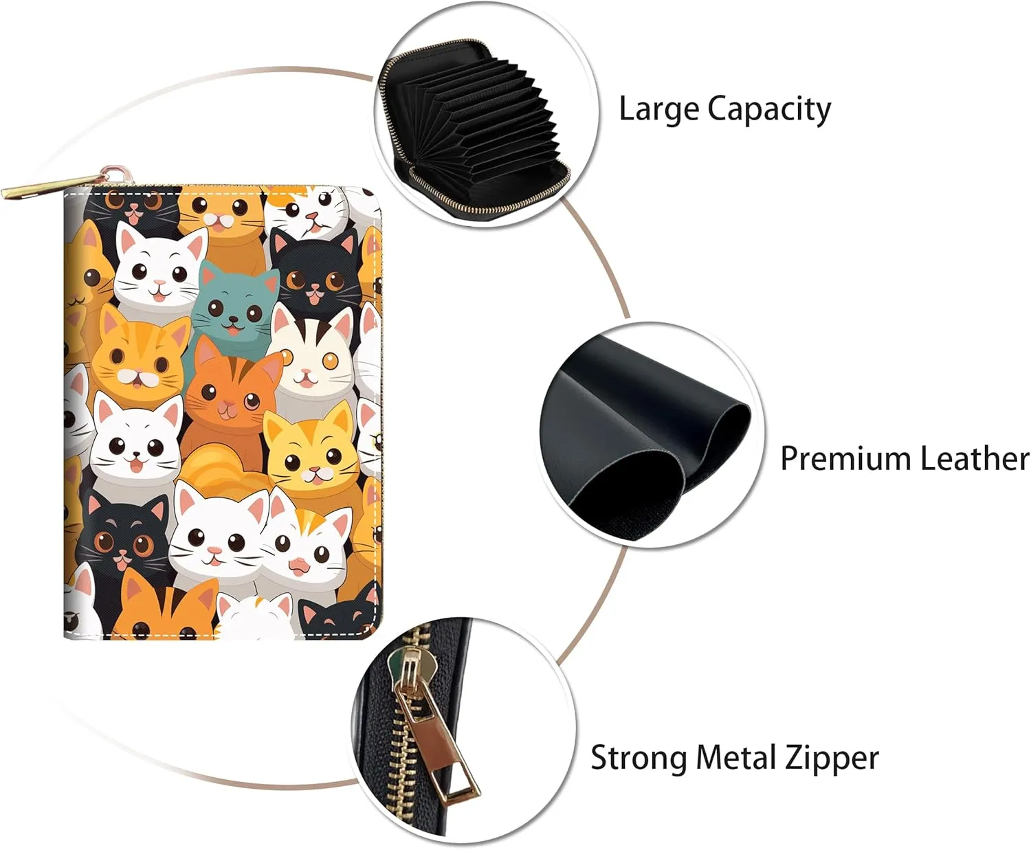 Credit Card Holder Wallets for Women, RFID Blocking Small Leather Card Case Wallet with Zipper Accordion Wallets, Cute Cartoon Cats