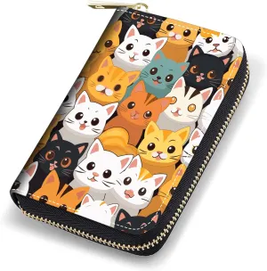 Credit Card Holder Wallets for Women, RFID Blocking Small Leather Card Case Wallet with Zipper Accordion Wallets, Cute Cartoon Cats