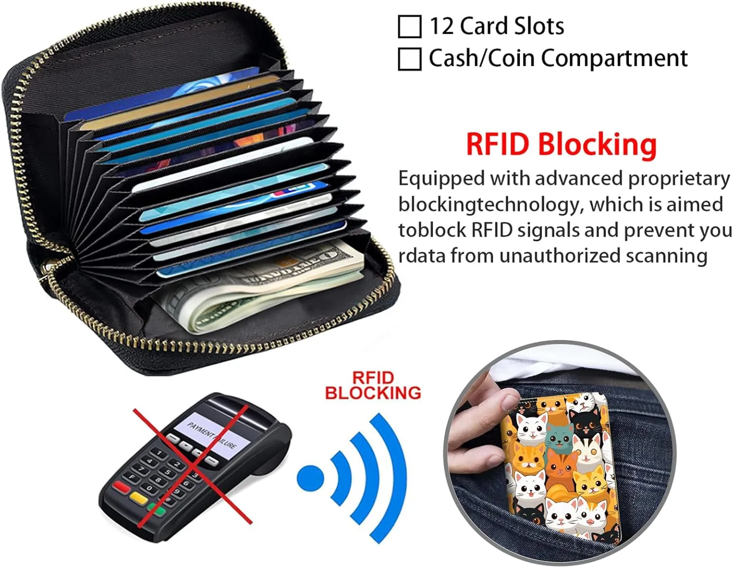 Credit Card Holder Wallets for Women, RFID Blocking Small Leather Card Case Wallet with Zipper Accordion Wallets, Cute Cartoon Cats