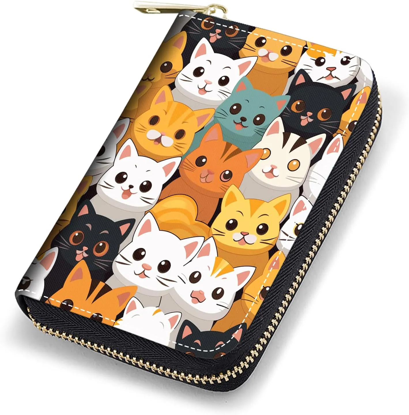 Credit Card Holder Wallets for Women, RFID Blocking Small Leather Card Case Wallet with Zipper Accordion Wallets, Cute Cartoon Cats