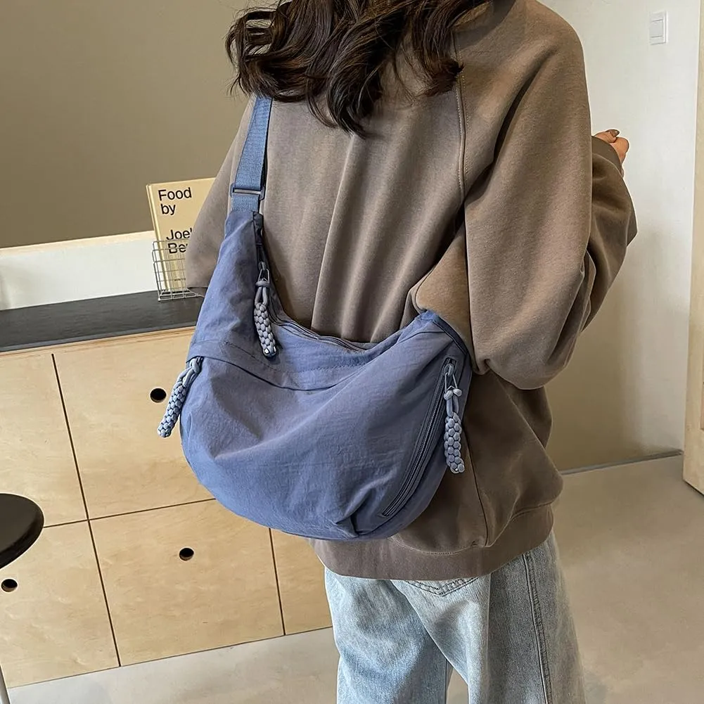 Crescent Crossbody Bags for Women Hobo Bag Luna Bag Dumpling Bag Nylon Multi-Pocket Sling Bag Moon Shoulder Bag (Blue)