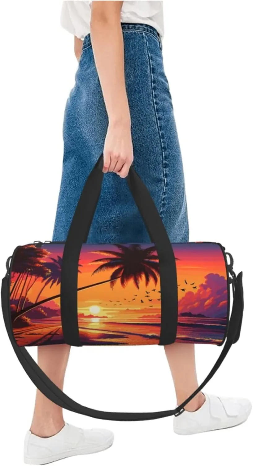 Crimson Sunset Beach Round Travel Duffel Bag Large Capacity Gym Sports Bags for Hiking Vacation Trips