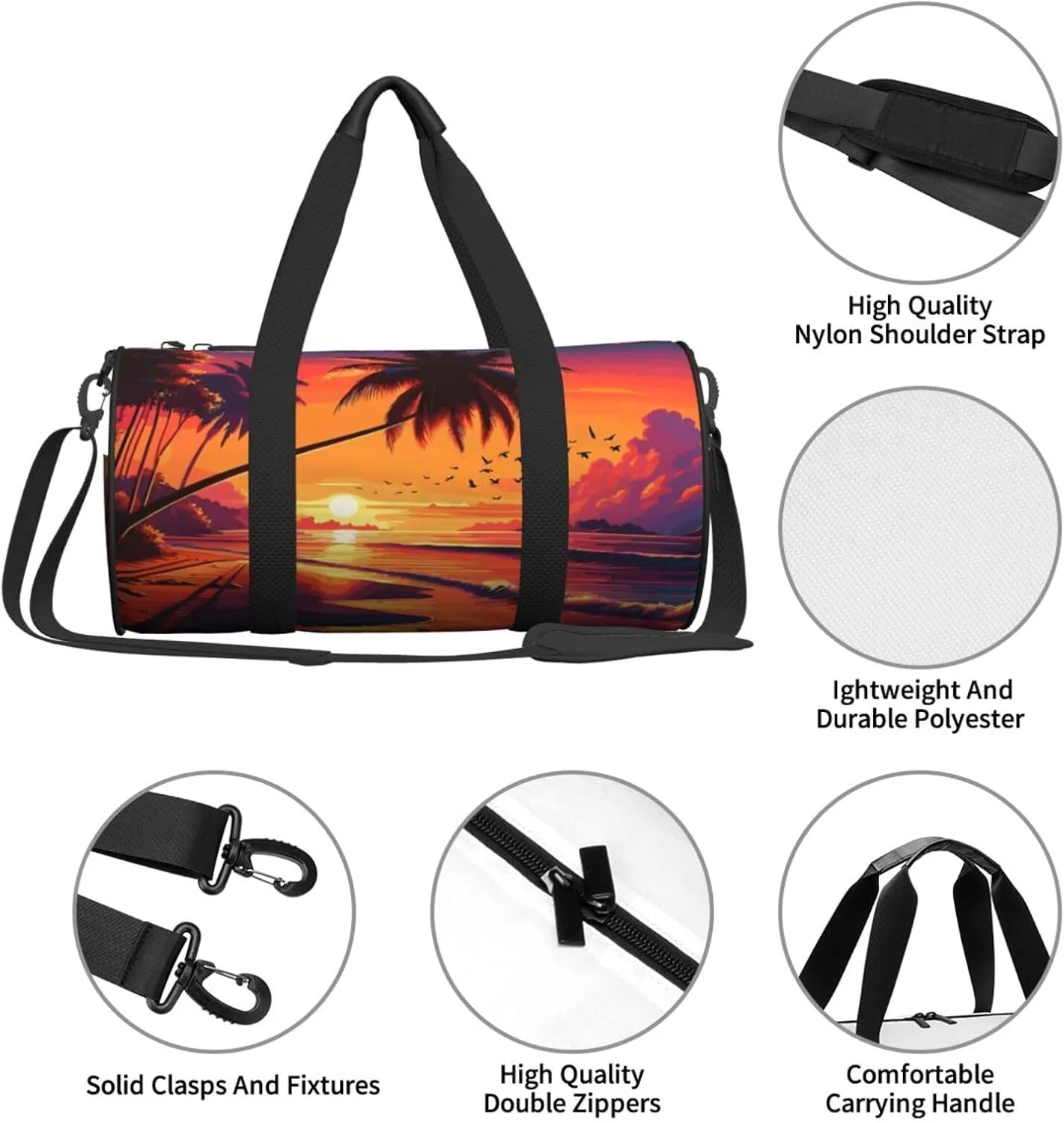 Crimson Sunset Beach Round Travel Duffel Bag Large Capacity Gym Sports Bags for Hiking Vacation Trips