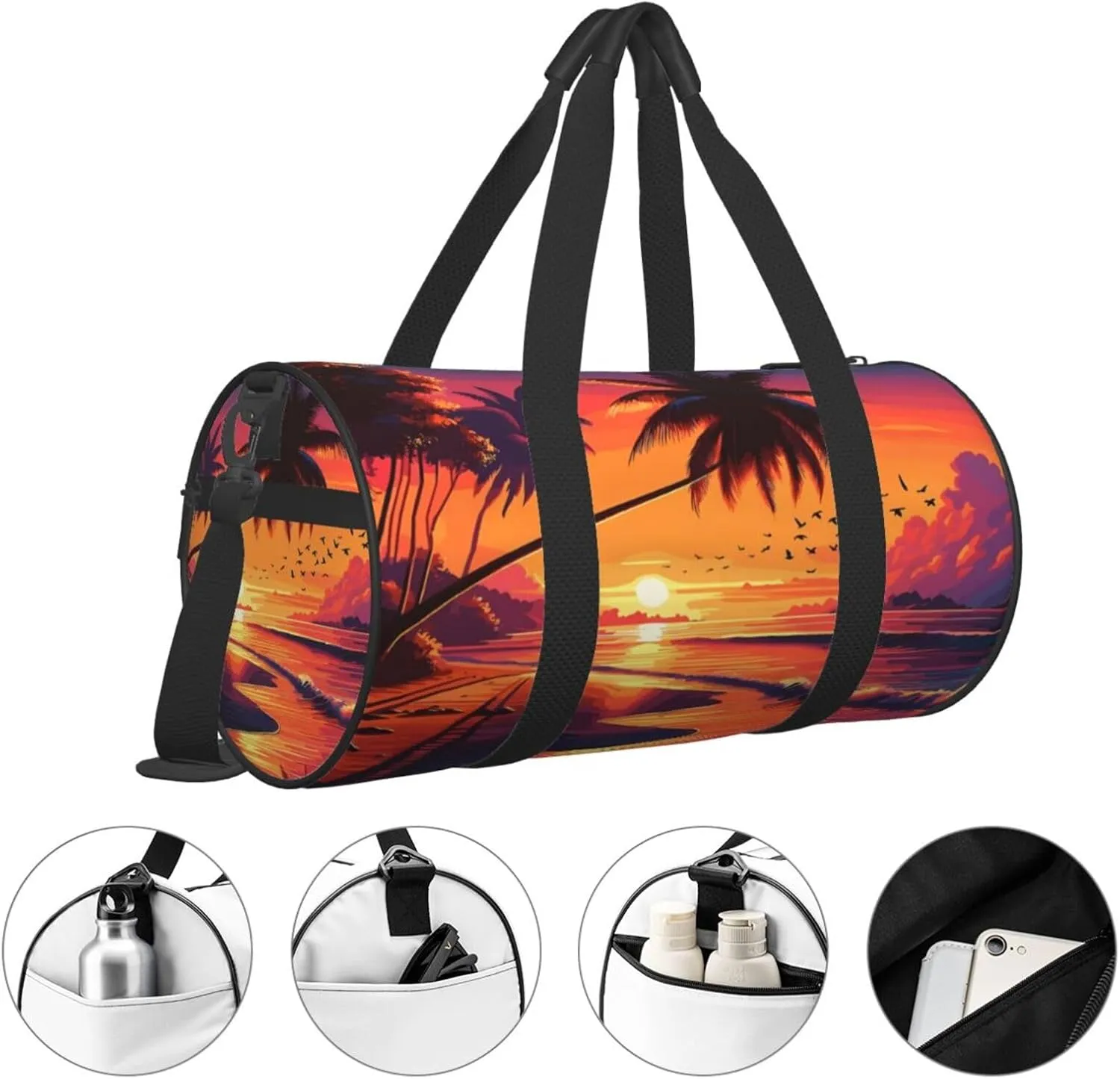 Crimson Sunset Beach Round Travel Duffel Bag Large Capacity Gym Sports Bags for Hiking Vacation Trips