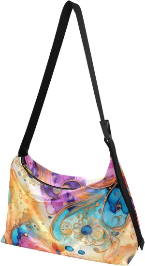 Crossbody Bag Colorful Swirl Print, Large Capacity Leather Shoulder Bag Zipper Closure with Fabric Strap