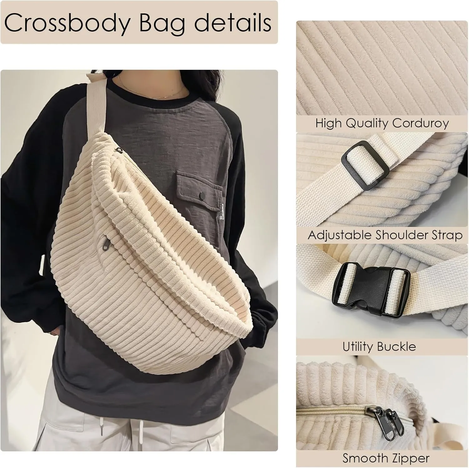 Crossbody Bag Fanny Pack for Women Men, Corduroy Waist Pack Large Chest Bag with Adjustable Strap for Workout Travel Sports Running (Black-1)