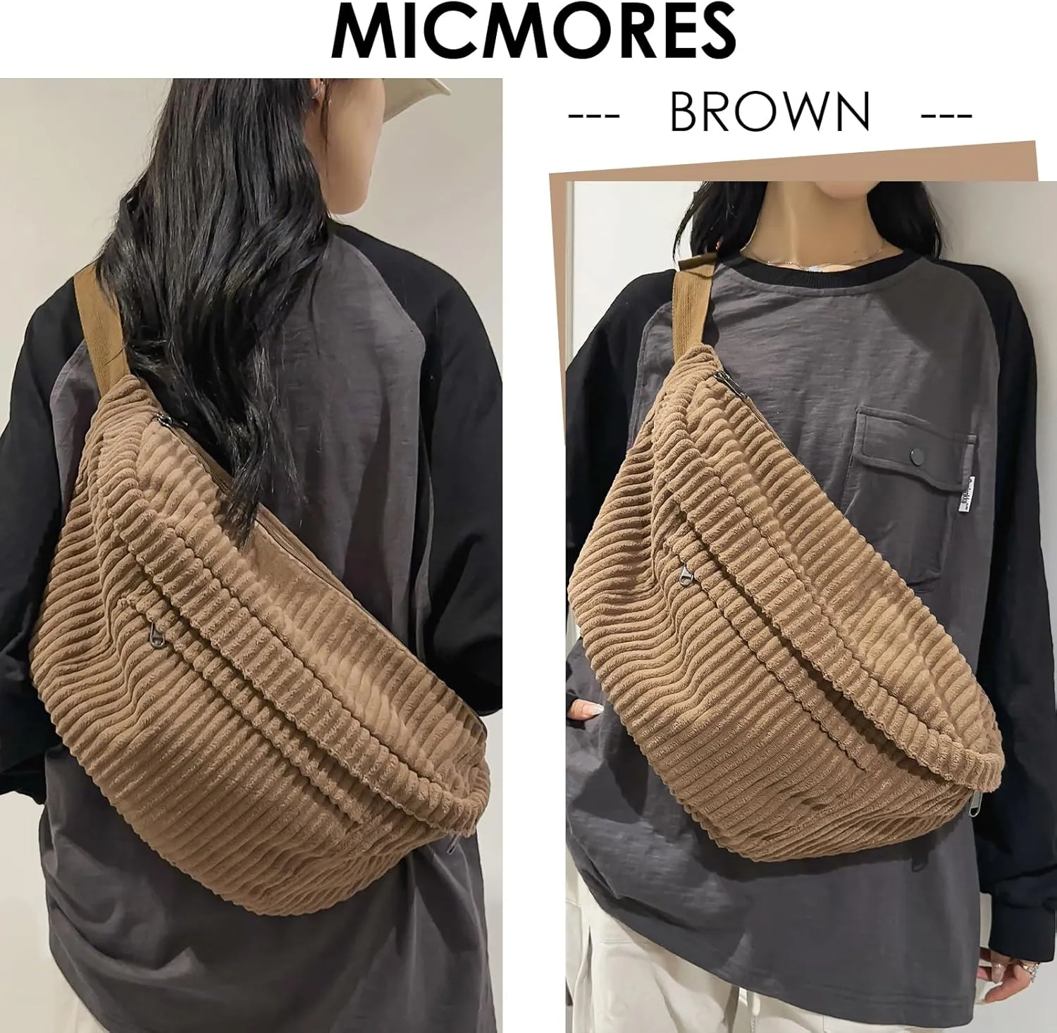 Crossbody Bag Fanny Pack for Women Men, Corduroy Waist Pack Large Chest Bag with Adjustable Strap for Workout Travel Sports Running (Brown-1)