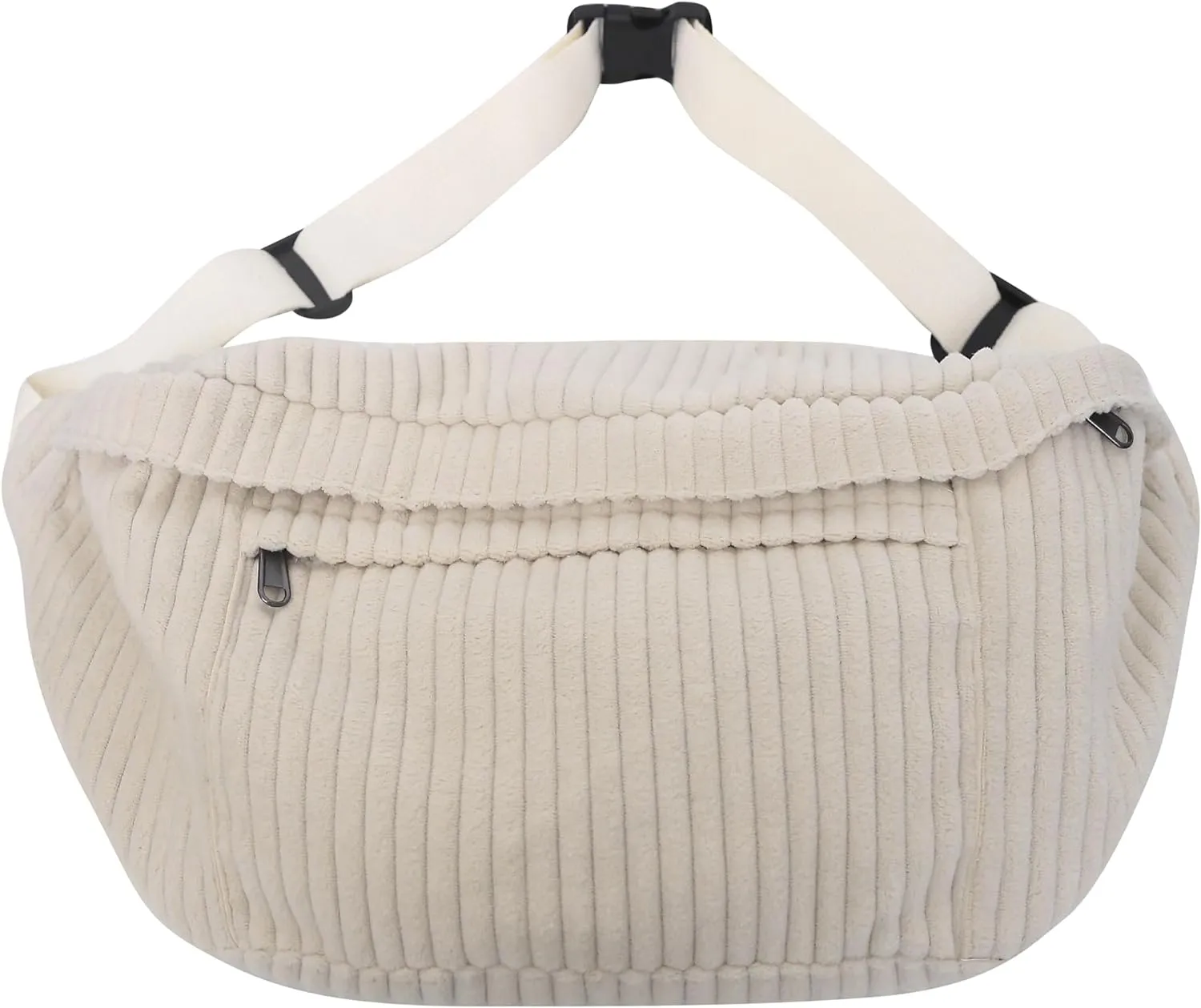 Crossbody Bag Fanny Pack for Women Men, Corduroy Waist Pack Large Chest Bag with Adjustable Strap for Workout Travel Sports Running (Off White-1)