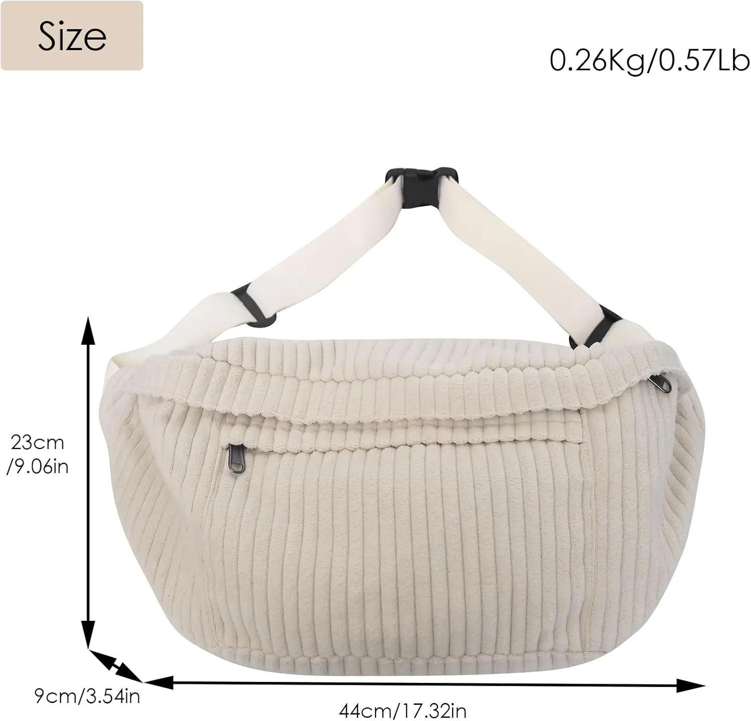 Crossbody Bag Fanny Pack for Women Men, Corduroy Waist Pack Large Chest Bag with Adjustable Strap for Workout Travel Sports Running (Off White-1)