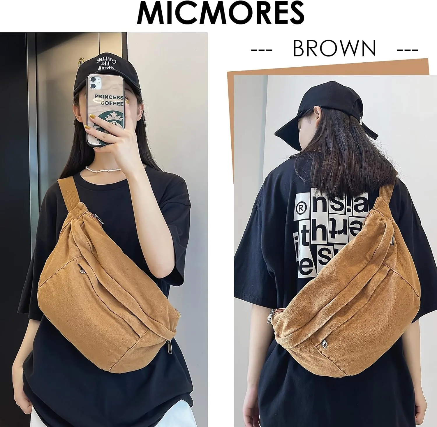 Crossbody Bag Fanny Pack for Women Men, Waist Pack Large Chest Bag with Adjustable Strap for Workout Travel Sports Running(Brown)