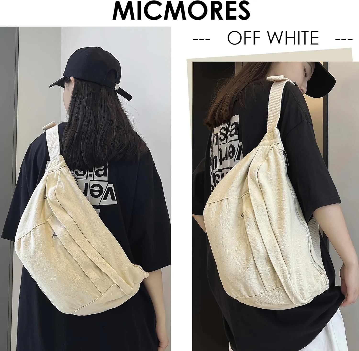 Crossbody Bag Fanny Pack for Women Men, Waist Pack Large Chest Bag with Adjustable Strap for Workout Travel Sports Running(Off White)