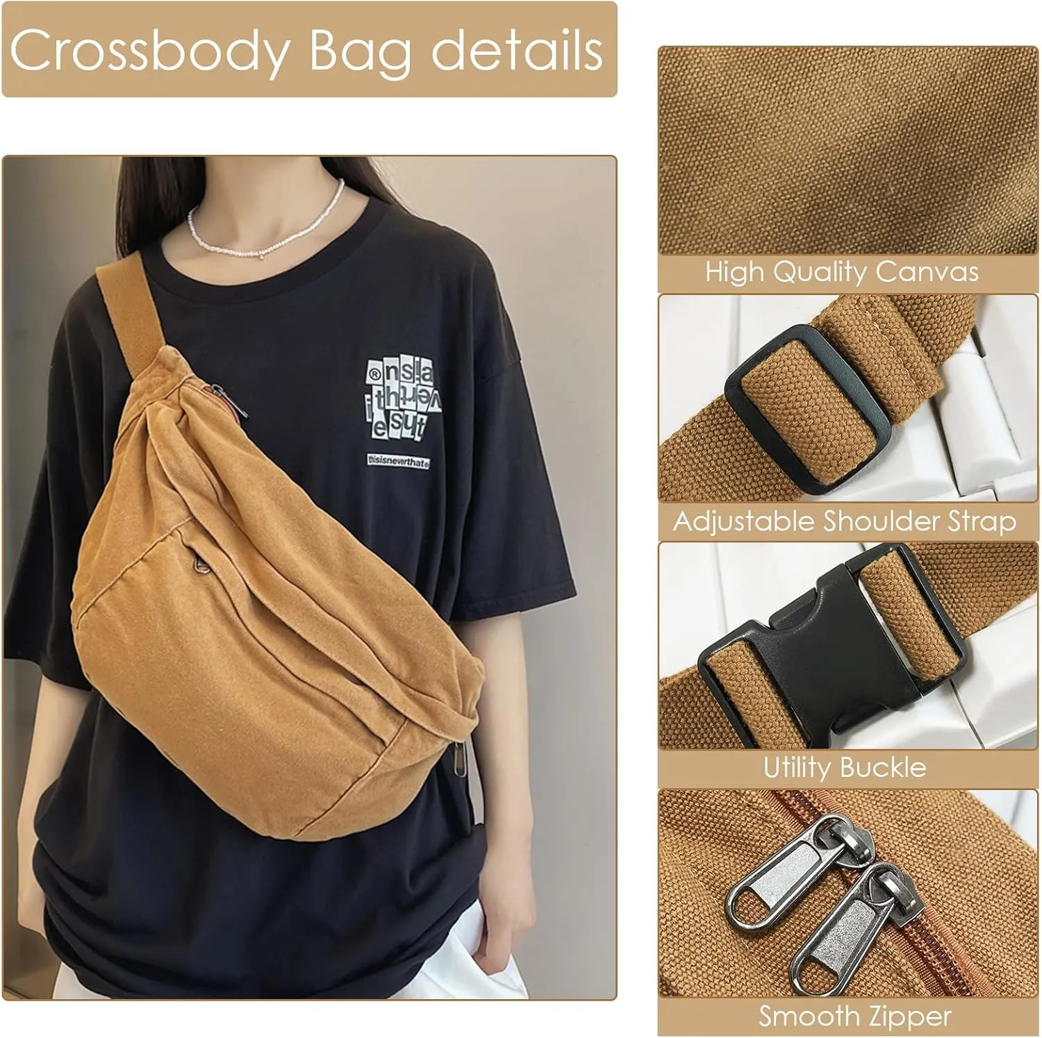 Crossbody Bag Fanny Pack for Women Men, Waist Pack Large Chest Bag with Adjustable Strap for Workout Travel Sports Running(Off White)