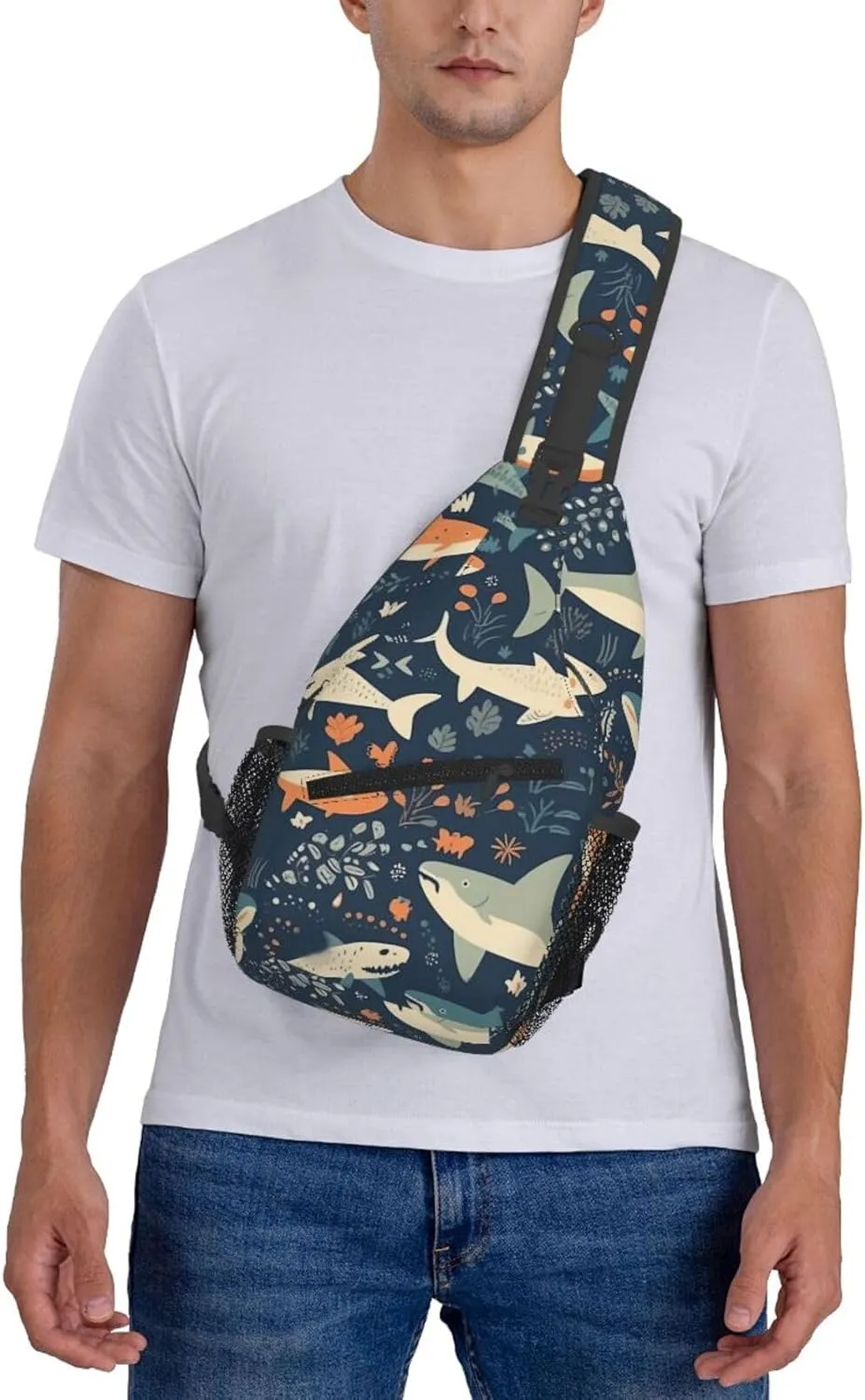 Crossbody Bag for Women Men Minimalist Shark Illustration Chest Bag Crossbody Sling Bag Adjustable Shoulder Bag