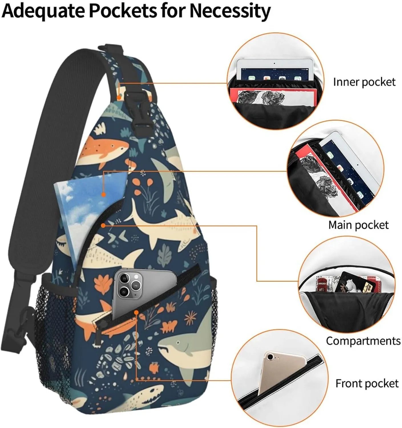 Crossbody Bag for Women Men Minimalist Shark Illustration Chest Bag Crossbody Sling Bag Adjustable Shoulder Bag