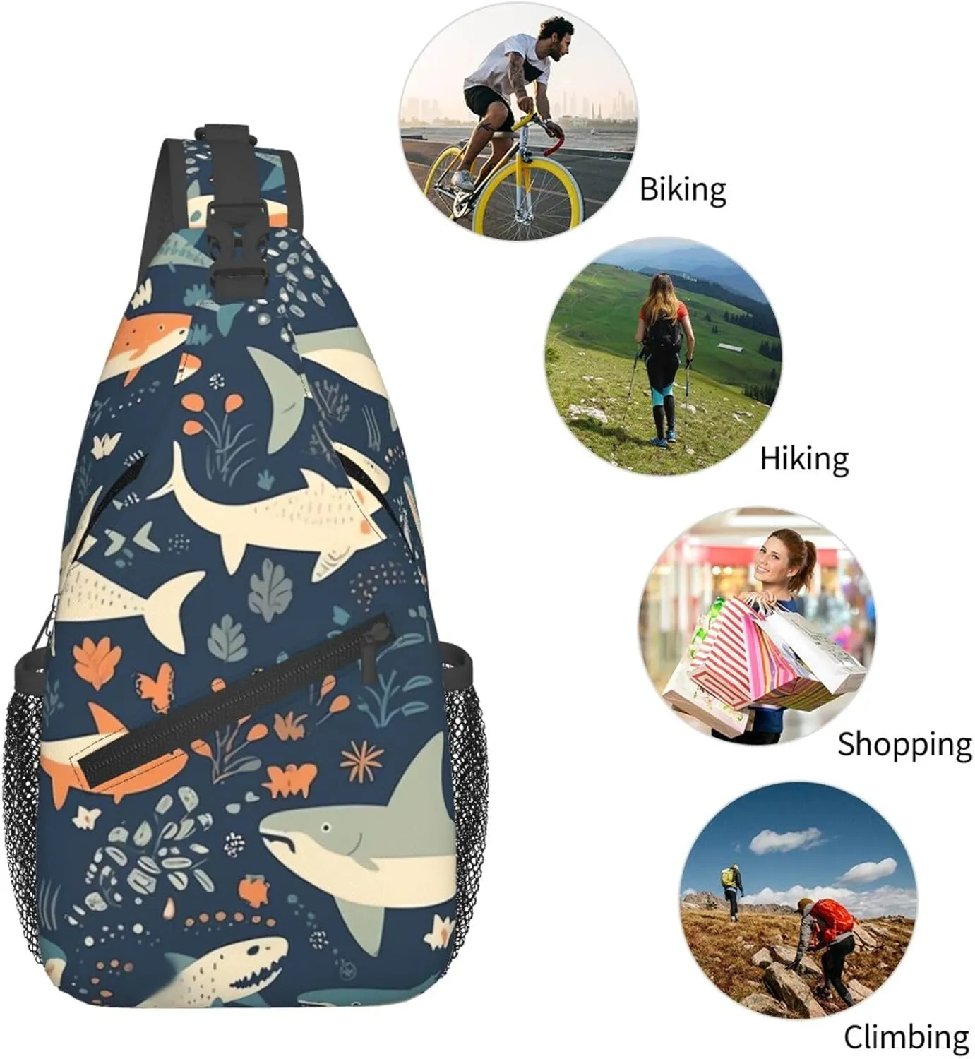 Crossbody Bag for Women Men Minimalist Shark Illustration Chest Bag Crossbody Sling Bag Adjustable Shoulder Bag
