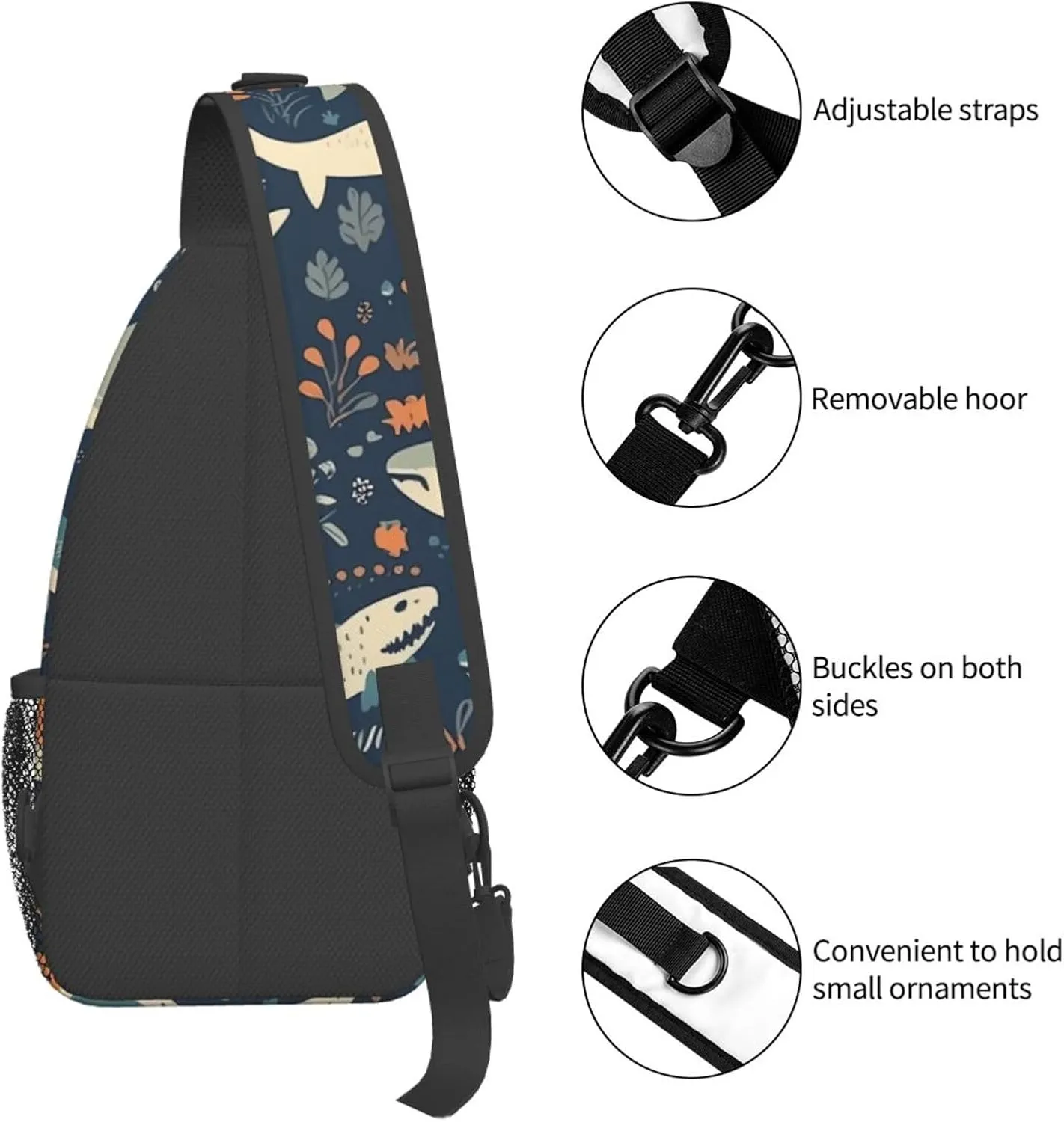 Crossbody Bag for Women Men Minimalist Shark Illustration Chest Bag Crossbody Sling Bag Adjustable Shoulder Bag