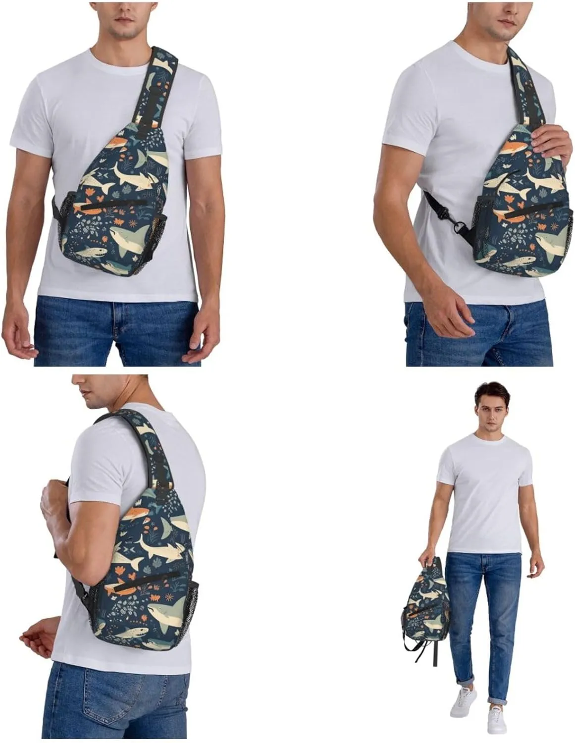 Crossbody Bag for Women Men Minimalist Shark Illustration Chest Bag Crossbody Sling Bag Adjustable Shoulder Bag