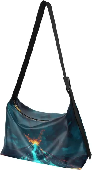 Crossbody Bag Neon Volcano Print Large Capacity for Women Men, PU Leather Shoulder Bag Zipper Closure with Fabric Strap