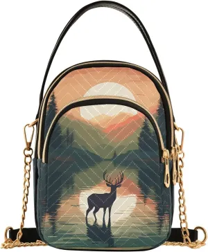 Crossbody Bags for Women Deer Landscape Sunset Reflection Women's Crossbody Handbags Leather Purses Shoulder bag