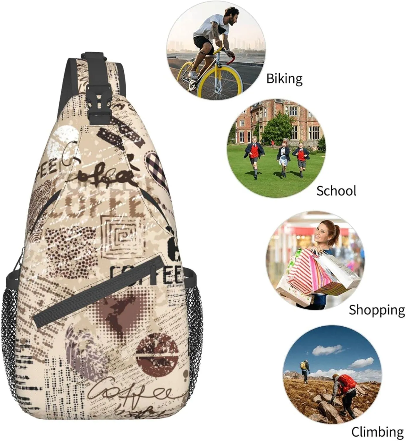 Crossbody Sling Backpack Sling Bag Chest Bag Shoulder Bag Travel Hiking Daypack For Men Women-Abstract Coffee Pattern With Letters