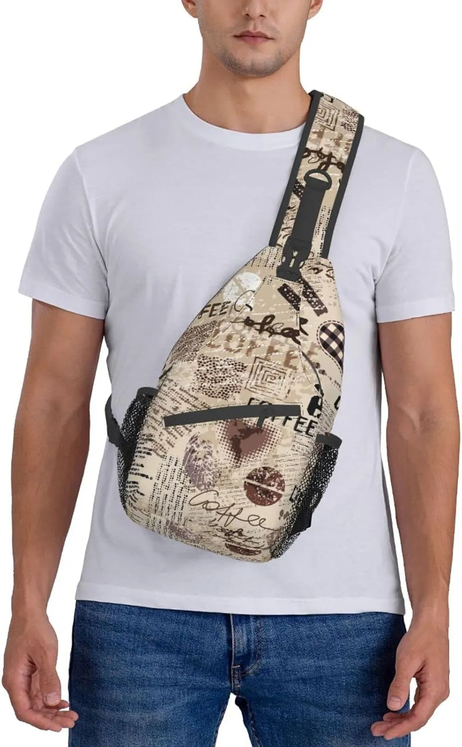 Crossbody Sling Backpack Sling Bag Chest Bag Shoulder Bag Travel Hiking Daypack For Men Women-Abstract Coffee Pattern With Letters
