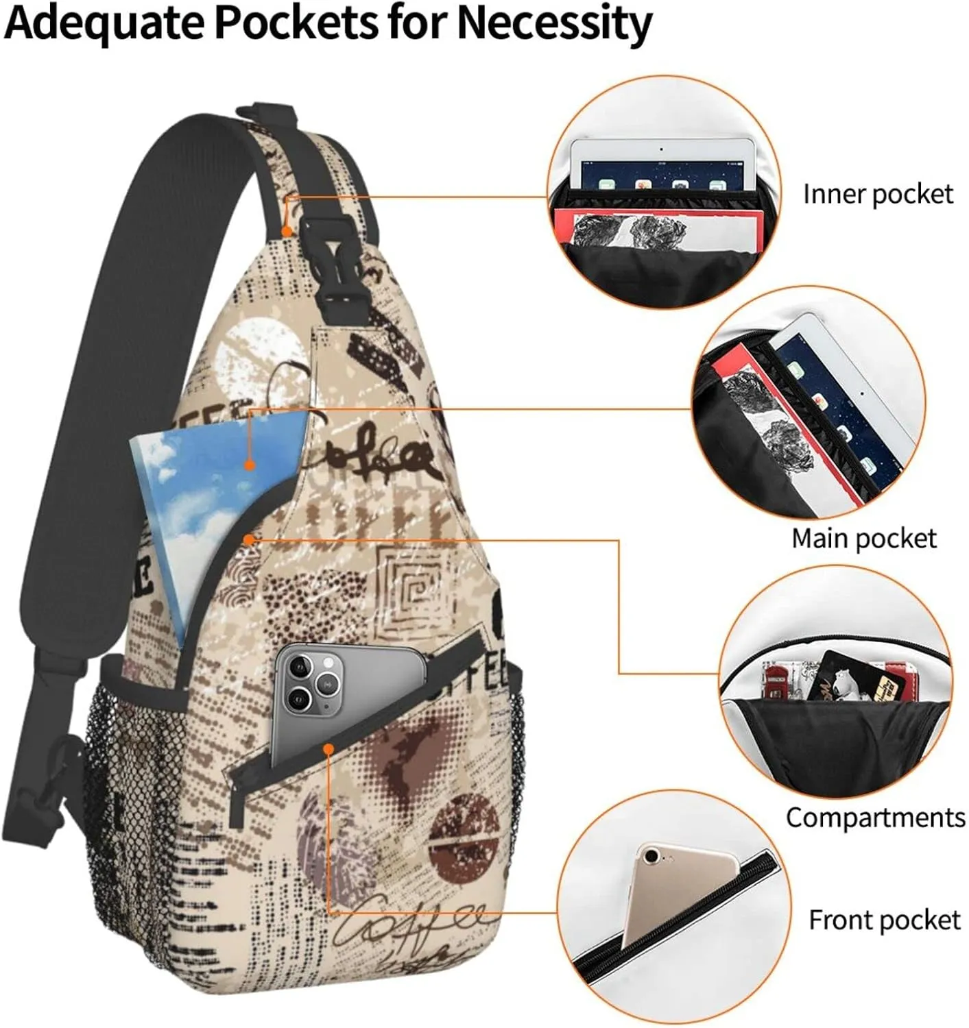 Crossbody Sling Backpack Sling Bag Chest Bag Shoulder Bag Travel Hiking Daypack For Men Women-Abstract Coffee Pattern With Letters