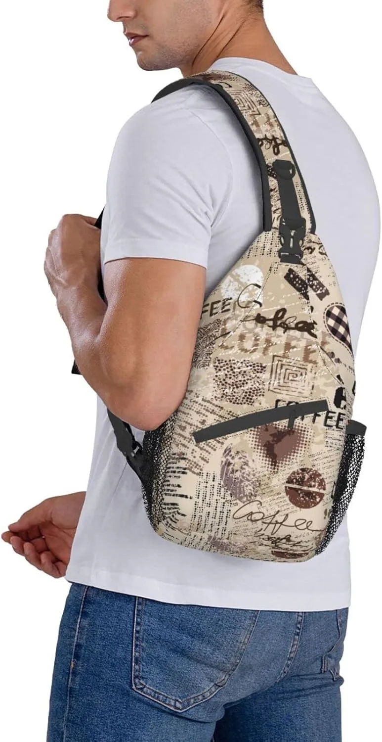 Crossbody Sling Backpack Sling Bag Chest Bag Shoulder Bag Travel Hiking Daypack For Men Women-Abstract Coffee Pattern With Letters